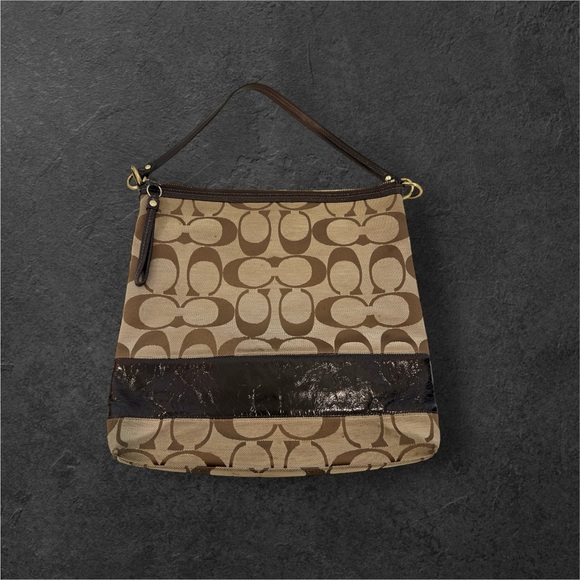 Coach Signature Jacquard Canvas & Patent Leather Hobo Shoulder Bag Khaki/Brown - Picture 11 of 11